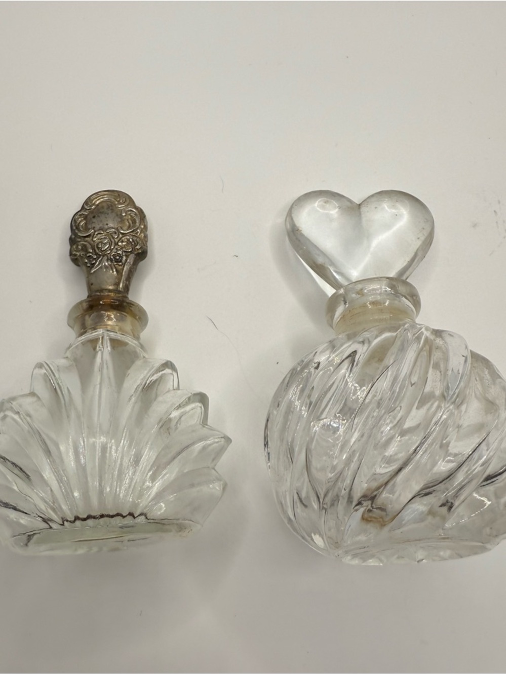 Pair Glass Perfume Godinger Silver Plate Fan Bottle + Heart Stopper Bottle